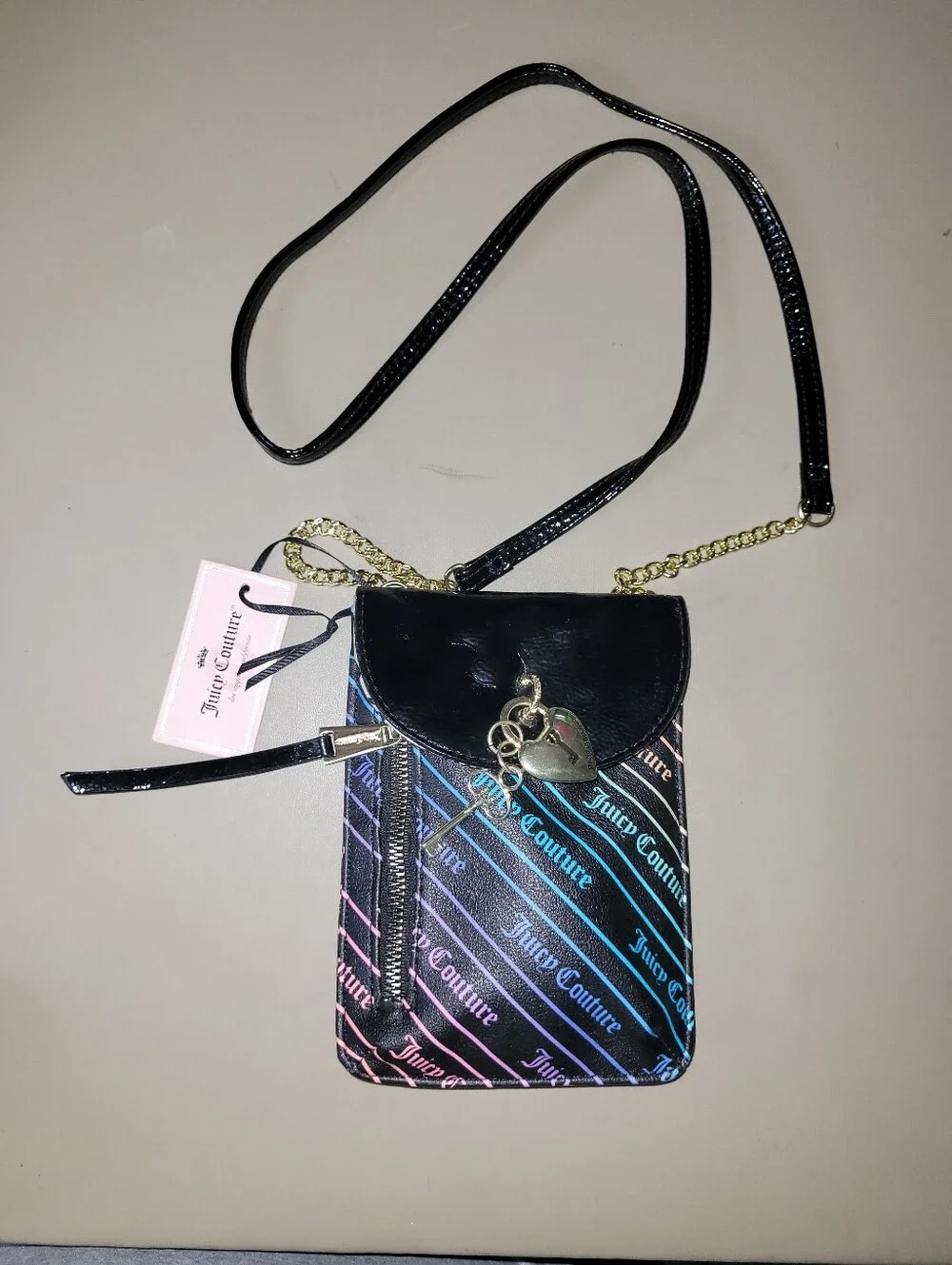 NWT - Juicy Couture Black Crossbody Phone Bag with Heart Charm & Key.
